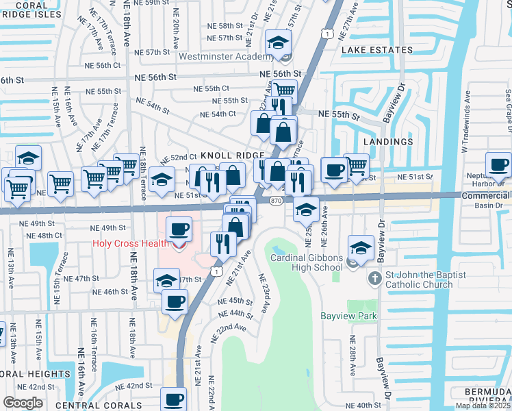 map of restaurants, bars, coffee shops, grocery stores, and more near 2400 East Commercial Boulevard in Fort Lauderdale