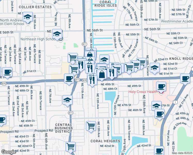 map of restaurants, bars, coffee shops, grocery stores, and more near 418 Northeast 50th Court in Fort Lauderdale