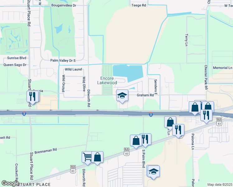 map of restaurants, bars, coffee shops, grocery stores, and more near 4515 Graham Road in Harlingen