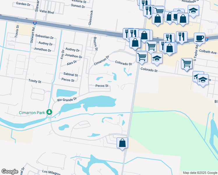 map of restaurants, bars, coffee shops, grocery stores, and more near 2201 Pecos Street in Mission