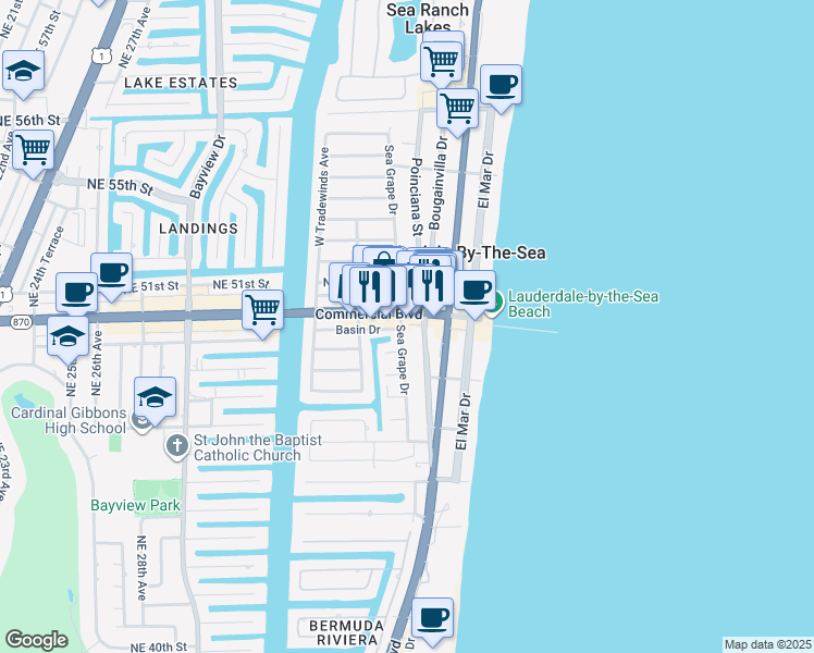 map of restaurants, bars, coffee shops, grocery stores, and more near 230 Commercial Boulevard in Lauderdale-by-the-Sea