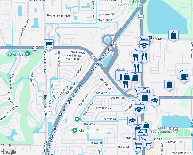 map of restaurants, bars, coffee shops, grocery stores, and more near 4815 Northwest 50th Street in Tamarac