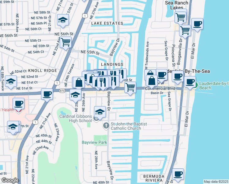 map of restaurants, bars, coffee shops, grocery stores, and more near 3025 East Commercial Boulevard in Fort Lauderdale