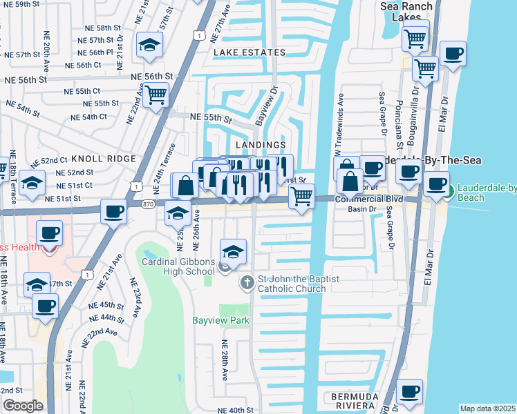 map of restaurants, bars, coffee shops, grocery stores, and more near 3025 East Commercial Boulevard in Fort Lauderdale