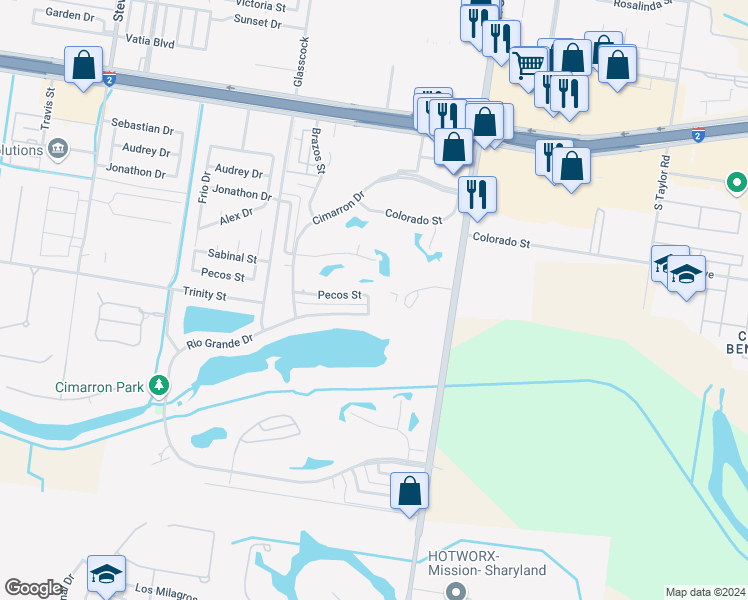 map of restaurants, bars, coffee shops, grocery stores, and more near 2201 Pecos Street in Mission