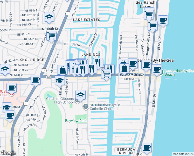 map of restaurants, bars, coffee shops, grocery stores, and more near 3025 East Commercial Boulevard in Fort Lauderdale
