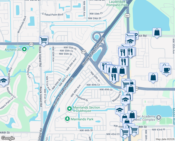 map of restaurants, bars, coffee shops, grocery stores, and more near 4815 Northwest 50th Street in Tamarac