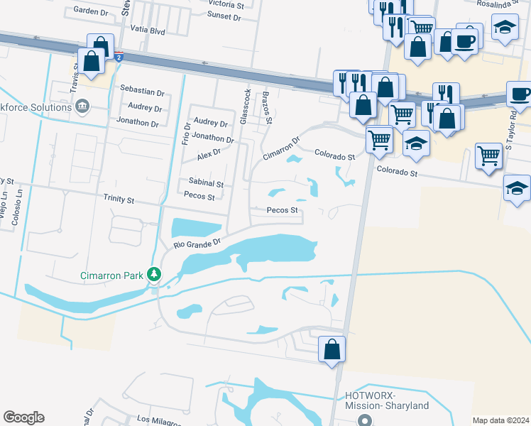 map of restaurants, bars, coffee shops, grocery stores, and more near 2104 Pecos Street in Mission