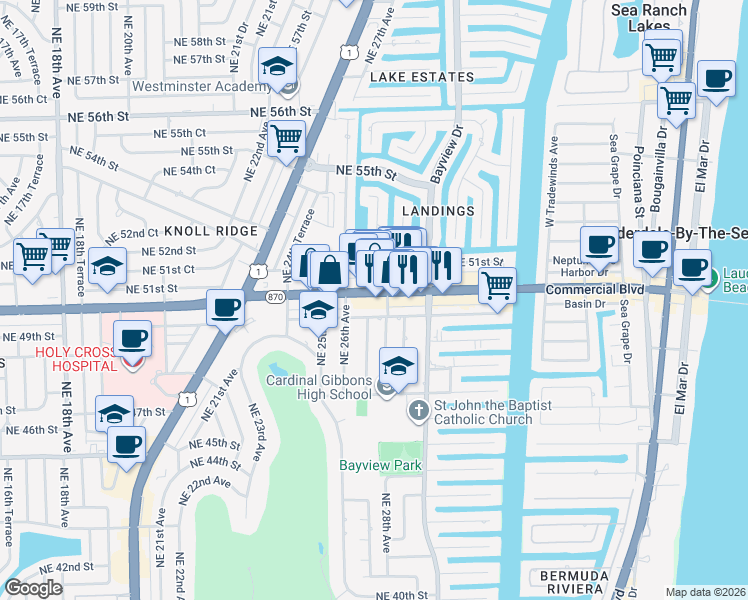 map of restaurants, bars, coffee shops, grocery stores, and more near 2720 East Commercial Boulevard in Fort Lauderdale