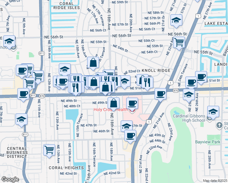 map of restaurants, bars, coffee shops, grocery stores, and more near 5110 Northeast 18th Avenue in Fort Lauderdale