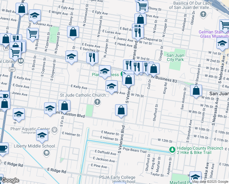 map of restaurants, bars, coffee shops, grocery stores, and more near 1200 East Kelly Avenue in Pharr