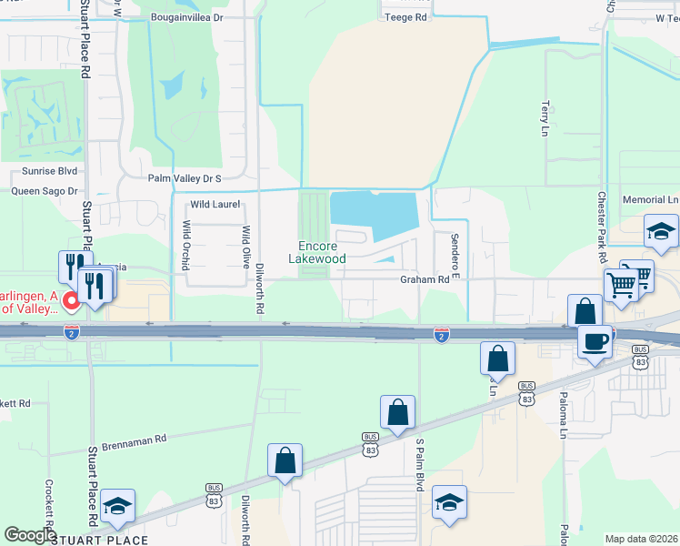 map of restaurants, bars, coffee shops, grocery stores, and more near 77 Pocahontas Drive in Harlingen