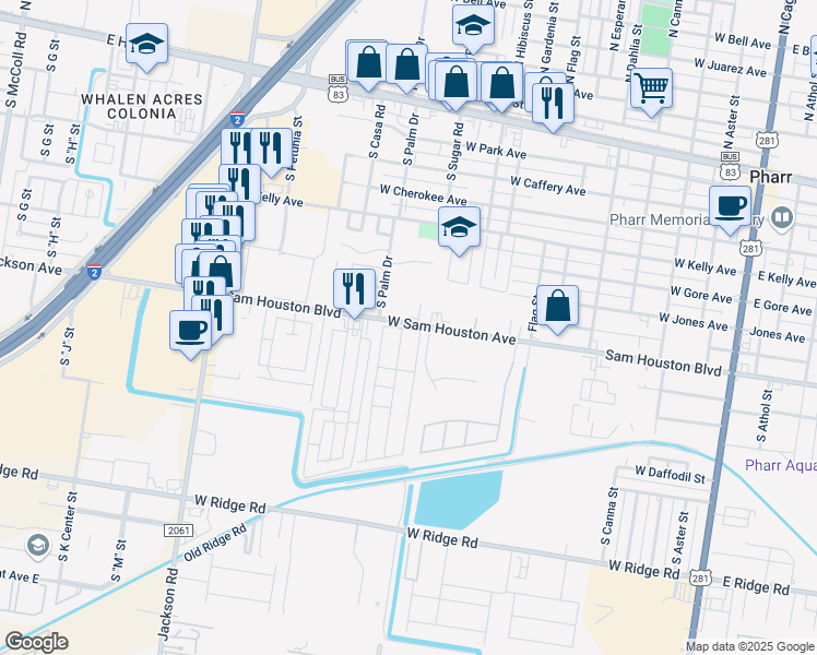 map of restaurants, bars, coffee shops, grocery stores, and more near 1002 West Sam Houston Boulevard in Pharr