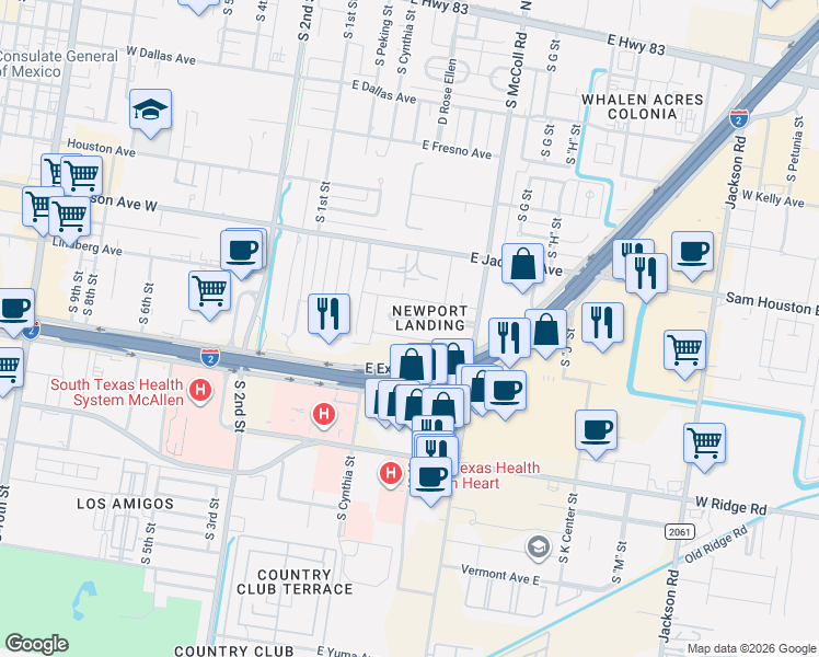 map of restaurants, bars, coffee shops, grocery stores, and more near 411 East Newport Lane in McAllen