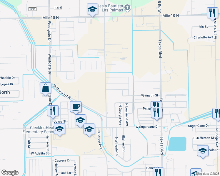 map of restaurants, bars, coffee shops, grocery stores, and more near 806 Bowie Street in Weslaco