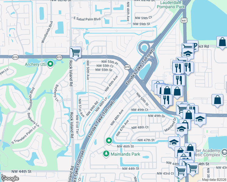 map of restaurants, bars, coffee shops, grocery stores, and more near 5318 Northwest 48 Lane in Lauderhill