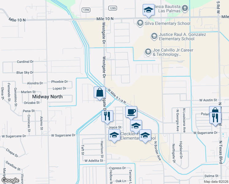 map of restaurants, bars, coffee shops, grocery stores, and more near 1620 Mile 9 1/4 North in Weslaco