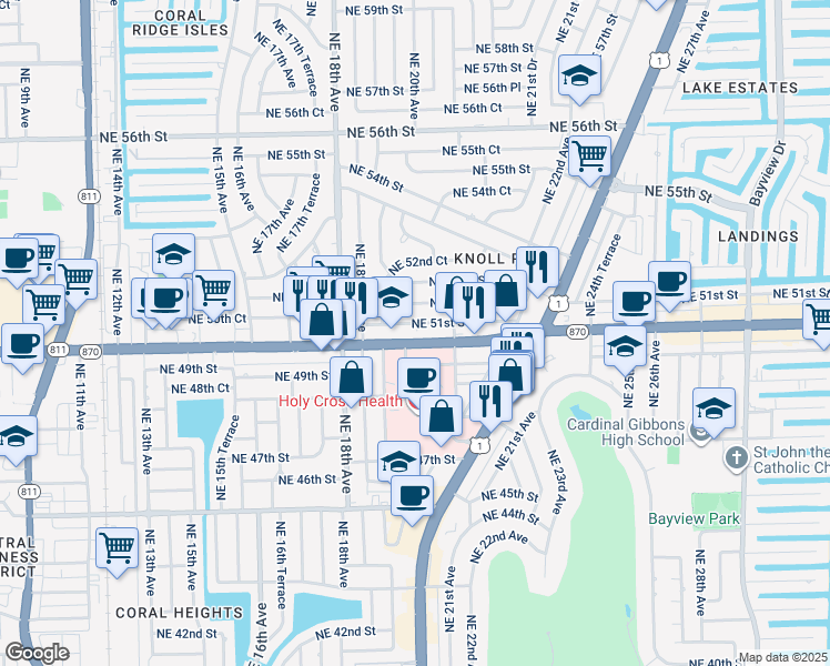 map of restaurants, bars, coffee shops, grocery stores, and more near 1969 East Commercial Boulevard in Fort Lauderdale