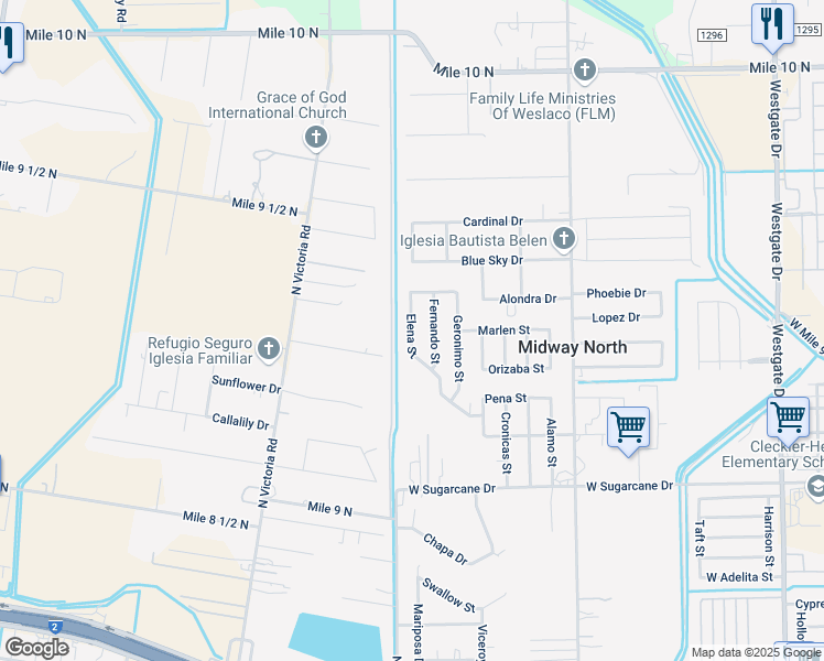 map of restaurants, bars, coffee shops, grocery stores, and more near 4102 Elena Street in Weslaco