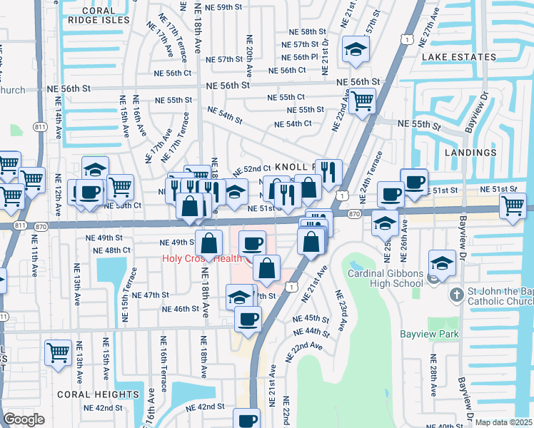 map of restaurants, bars, coffee shops, grocery stores, and more near 1941 Northeast 51st Street in Fort Lauderdale