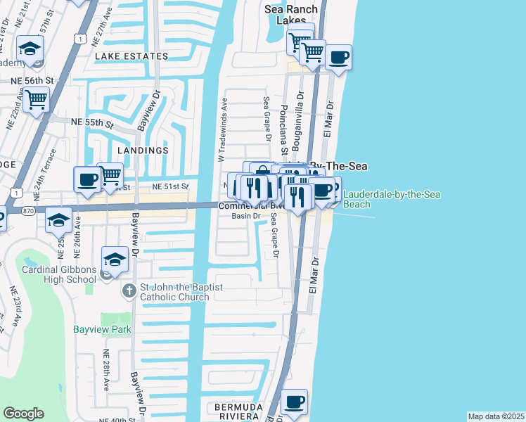 map of restaurants, bars, coffee shops, grocery stores, and more near 230 Commercial Boulevard in Lauderdale-by-the-Sea