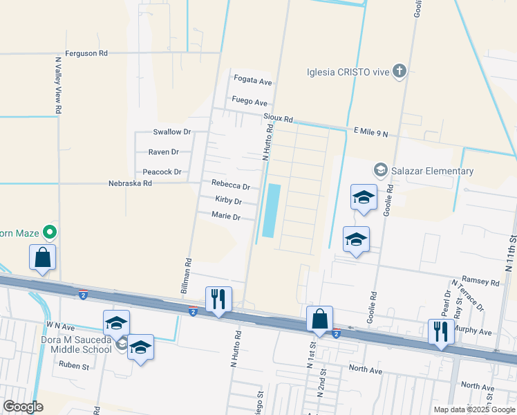 map of restaurants, bars, coffee shops, grocery stores, and more near 3109 North Hutto Road in Donna