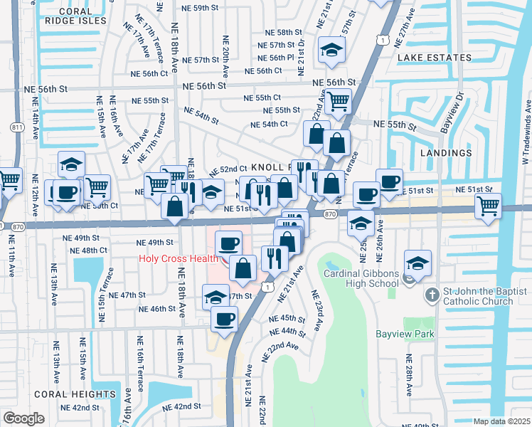 map of restaurants, bars, coffee shops, grocery stores, and more near 16 Northeast 51st Street in Fort Lauderdale