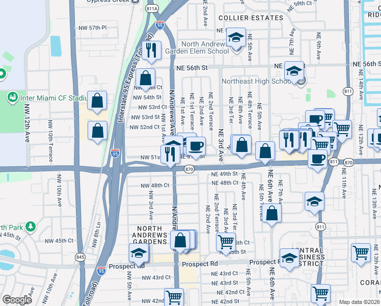 map of restaurants, bars, coffee shops, grocery stores, and more near 170 Northeast 51st Court in Fort Lauderdale