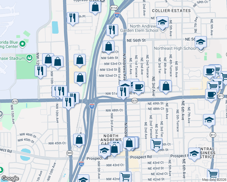 map of restaurants, bars, coffee shops, grocery stores, and more near 320 Northwest 51st Court in Fort Lauderdale