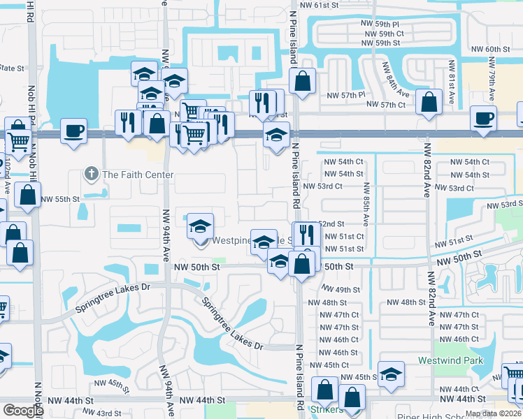 map of restaurants, bars, coffee shops, grocery stores, and more near 8985 Northwest 53rd Court in Sunrise