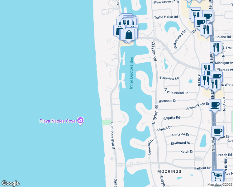map of restaurants, bars, coffee shops, grocery stores, and more near 3500 Gulf Shore Boulevard North in Naples