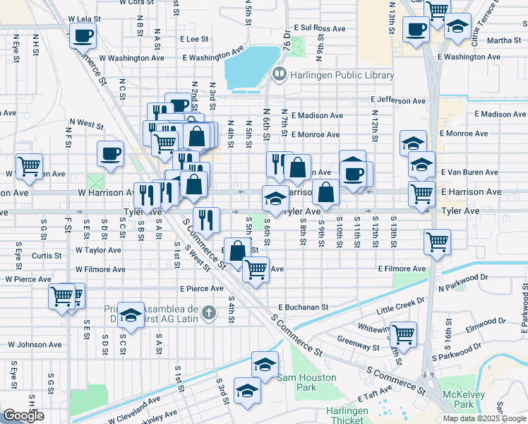 map of restaurants, bars, coffee shops, grocery stores, and more near 521 East Tyler Avenue in Harlingen