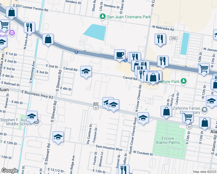 map of restaurants, bars, coffee shops, grocery stores, and more near 1500 East Carrol Road in San Juan