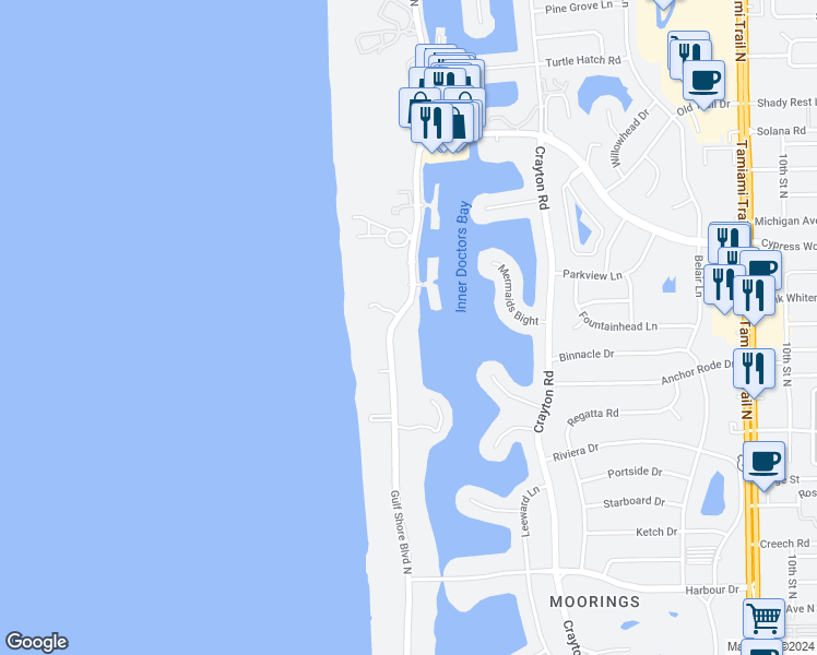 map of restaurants, bars, coffee shops, grocery stores, and more near 3500 Gulf Shore Boulevard North in Naples
