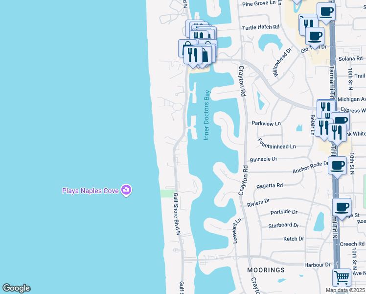 map of restaurants, bars, coffee shops, grocery stores, and more near 3500 Gulf Shore Boulevard North in Naples