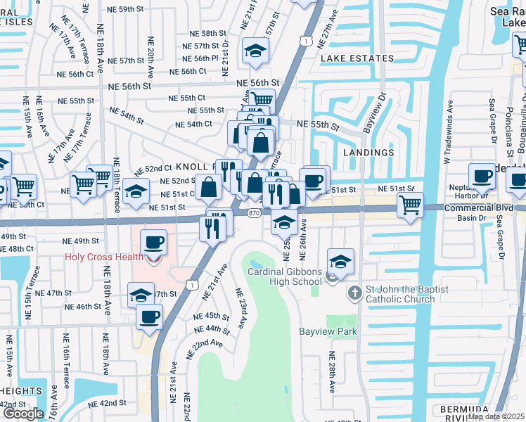 map of restaurants, bars, coffee shops, grocery stores, and more near 2419 Commercial Boulevard in Fort Lauderdale