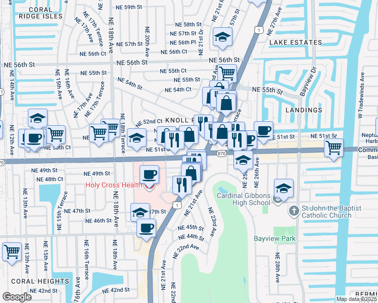 map of restaurants, bars, coffee shops, grocery stores, and more near c30 Northeast 51st Street in Fort Lauderdale