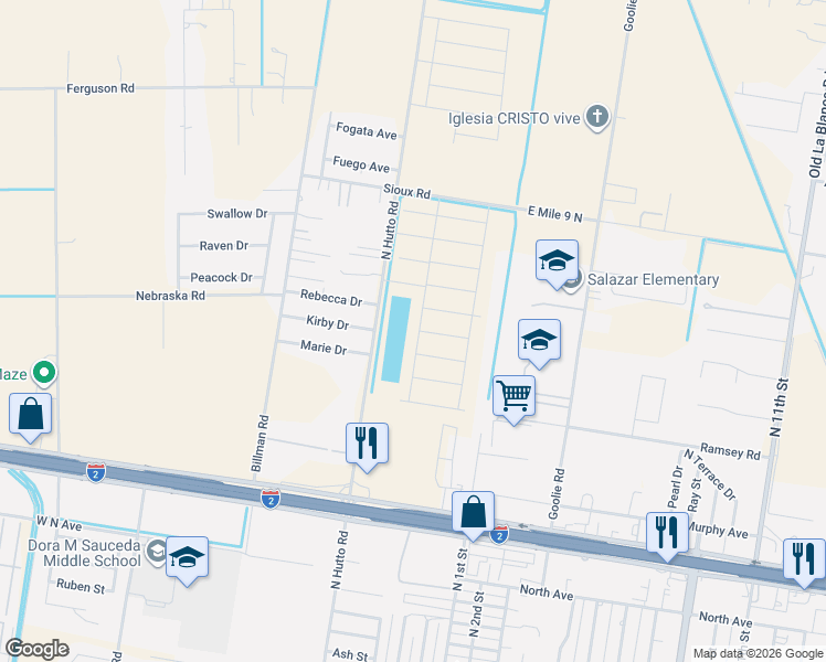 map of restaurants, bars, coffee shops, grocery stores, and more near 3109 North Hutto Road in Donna