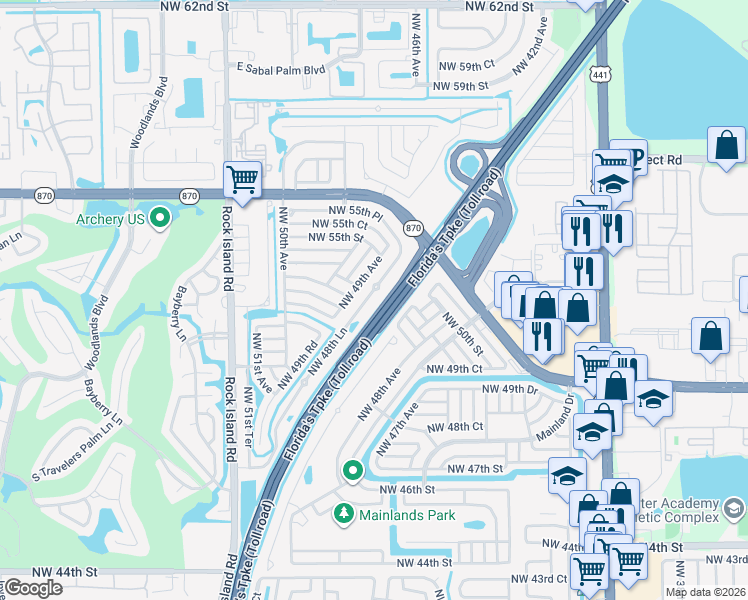 map of restaurants, bars, coffee shops, grocery stores, and more near 5318 Northwest 48 Lane in Lauderhill