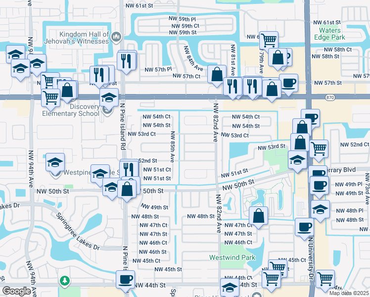 map of restaurants, bars, coffee shops, grocery stores, and more near 5250 Northwest 85th Avenue in Lauderhill