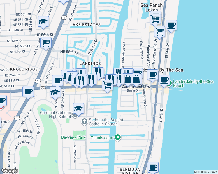 map of restaurants, bars, coffee shops, grocery stores, and more near in Oakland Park