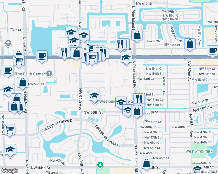 map of restaurants, bars, coffee shops, grocery stores, and more near 9201 Northwest 53rd Court in Sunrise