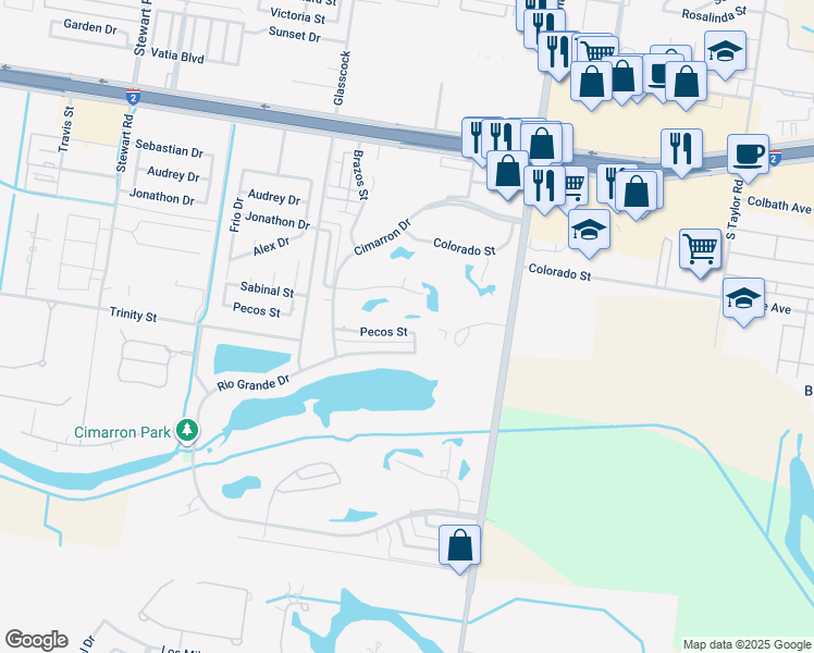 map of restaurants, bars, coffee shops, grocery stores, and more near 2201 Pecos Street in Mission