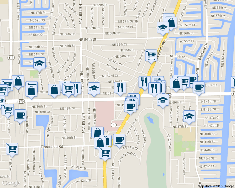 map of restaurants, bars, coffee shops, grocery stores, and more near 16 Northeast 51st Street in Fort Lauderdale