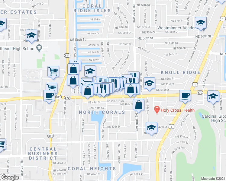 map of restaurants, bars, coffee shops, grocery stores, and more near 2 Northeast 50th Court in Fort Lauderdale