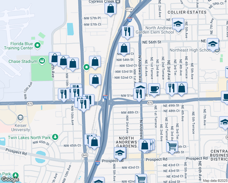 map of restaurants, bars, coffee shops, grocery stores, and more near 51 Center Court Drive in Oakland Park