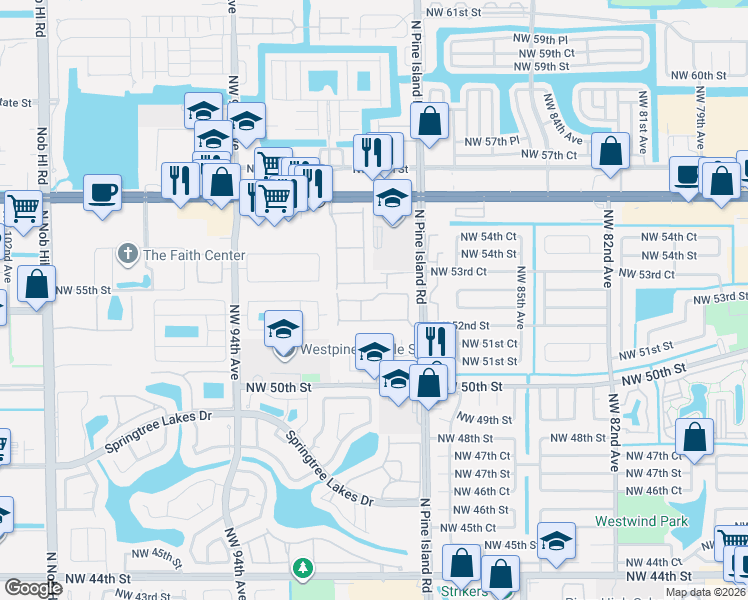 map of restaurants, bars, coffee shops, grocery stores, and more near 8928 Northwest 53rd Court in Sunrise