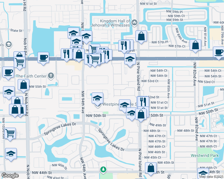 map of restaurants, bars, coffee shops, grocery stores, and more near 9201 Northwest 53rd Court in Sunrise