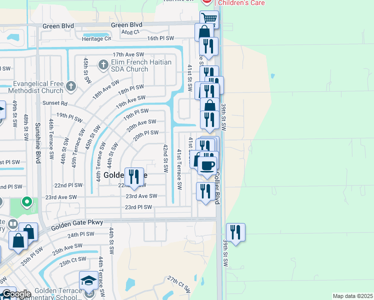 map of restaurants, bars, coffee shops, grocery stores, and more near 2100 41st Terrace Southwest in Naples