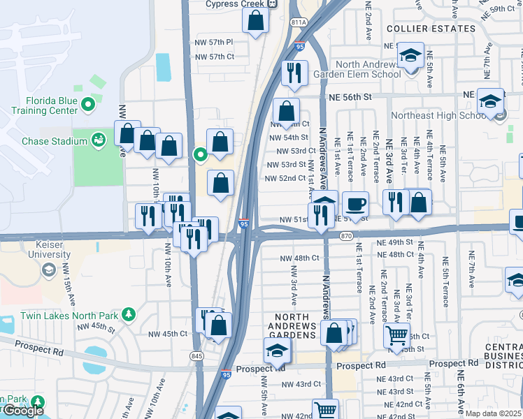 map of restaurants, bars, coffee shops, grocery stores, and more near 51 Center Court Drive in Oakland Park